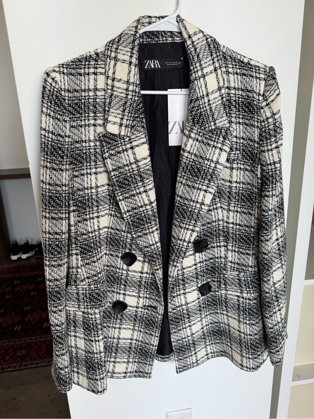 ZARA Chanel Style Tweed Black & White Plaid Double-Breasted Blazer Jacket LARGE
